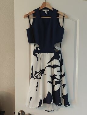 BCBGeneration Navy and White High-Low Cutout Dress